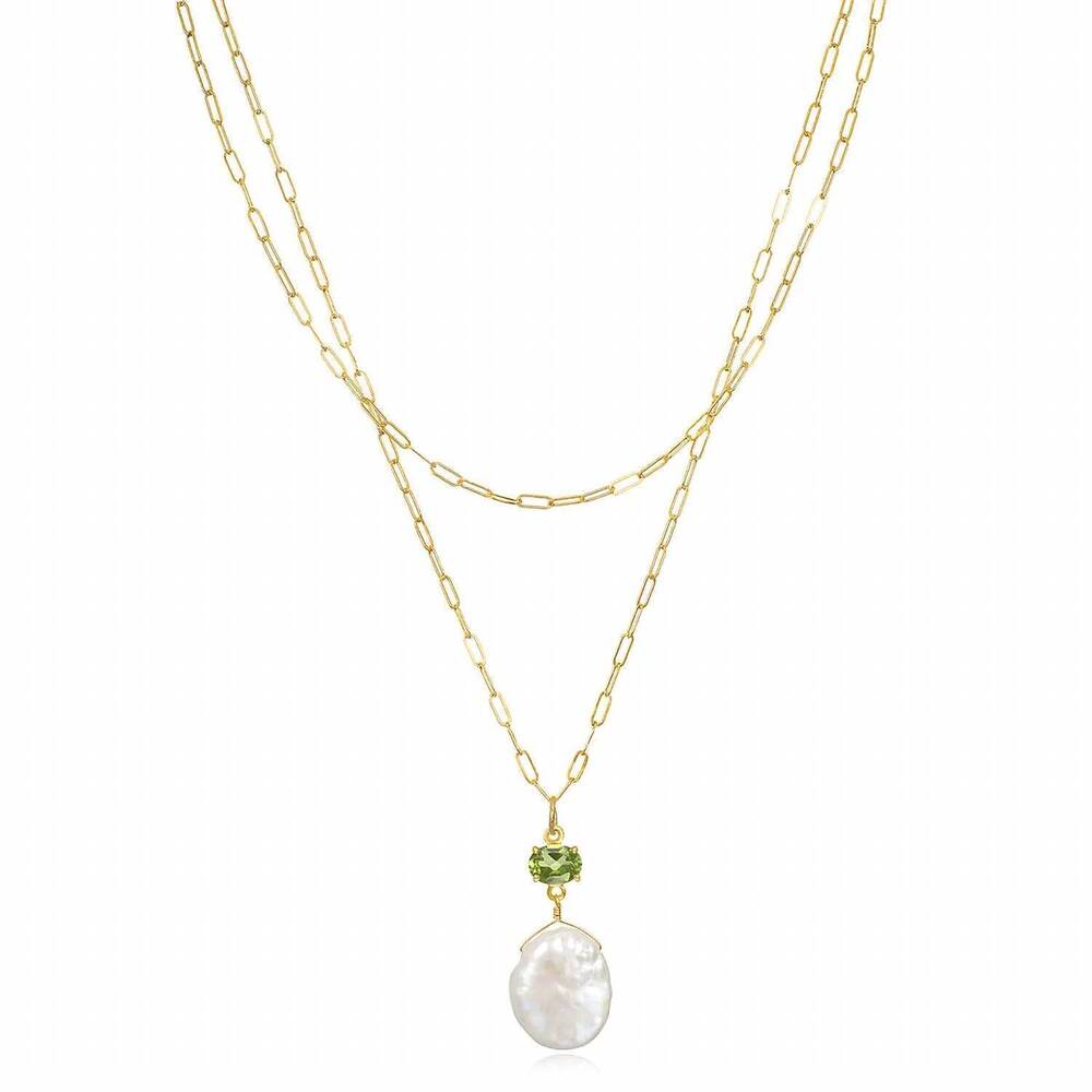 NEW AMELIA ROSE women's layered peridot and keshi pearl necklace in gold